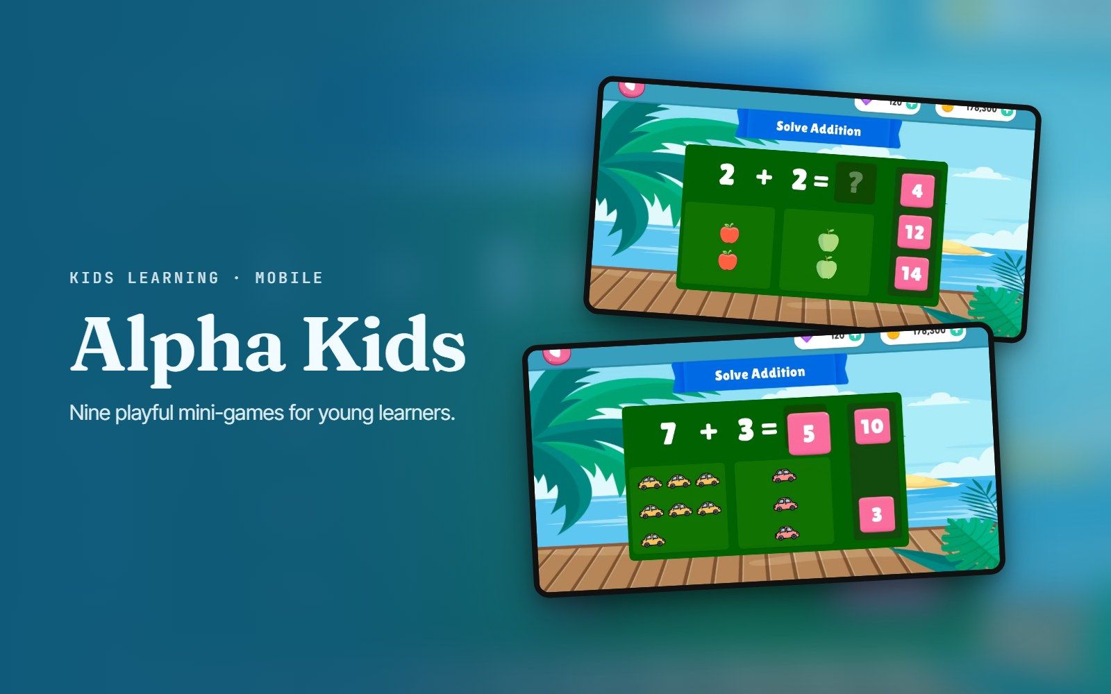 Alpha Kids maths mini-game on a colourful island