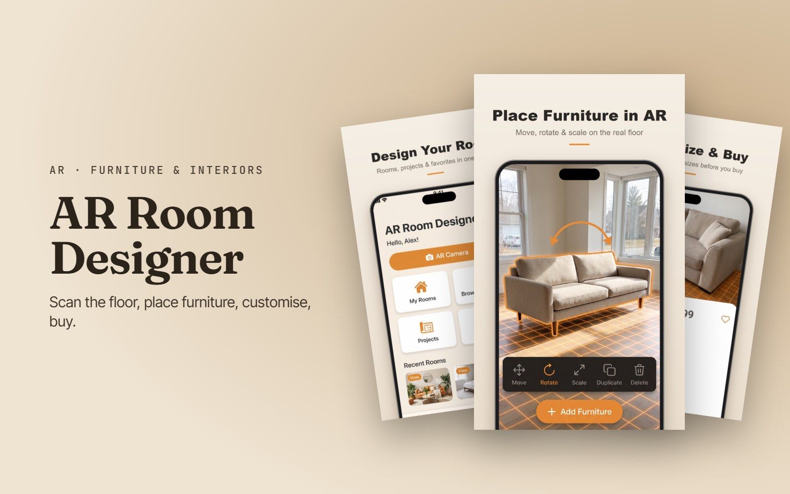 AR Room Designer app placing a sofa in a real room