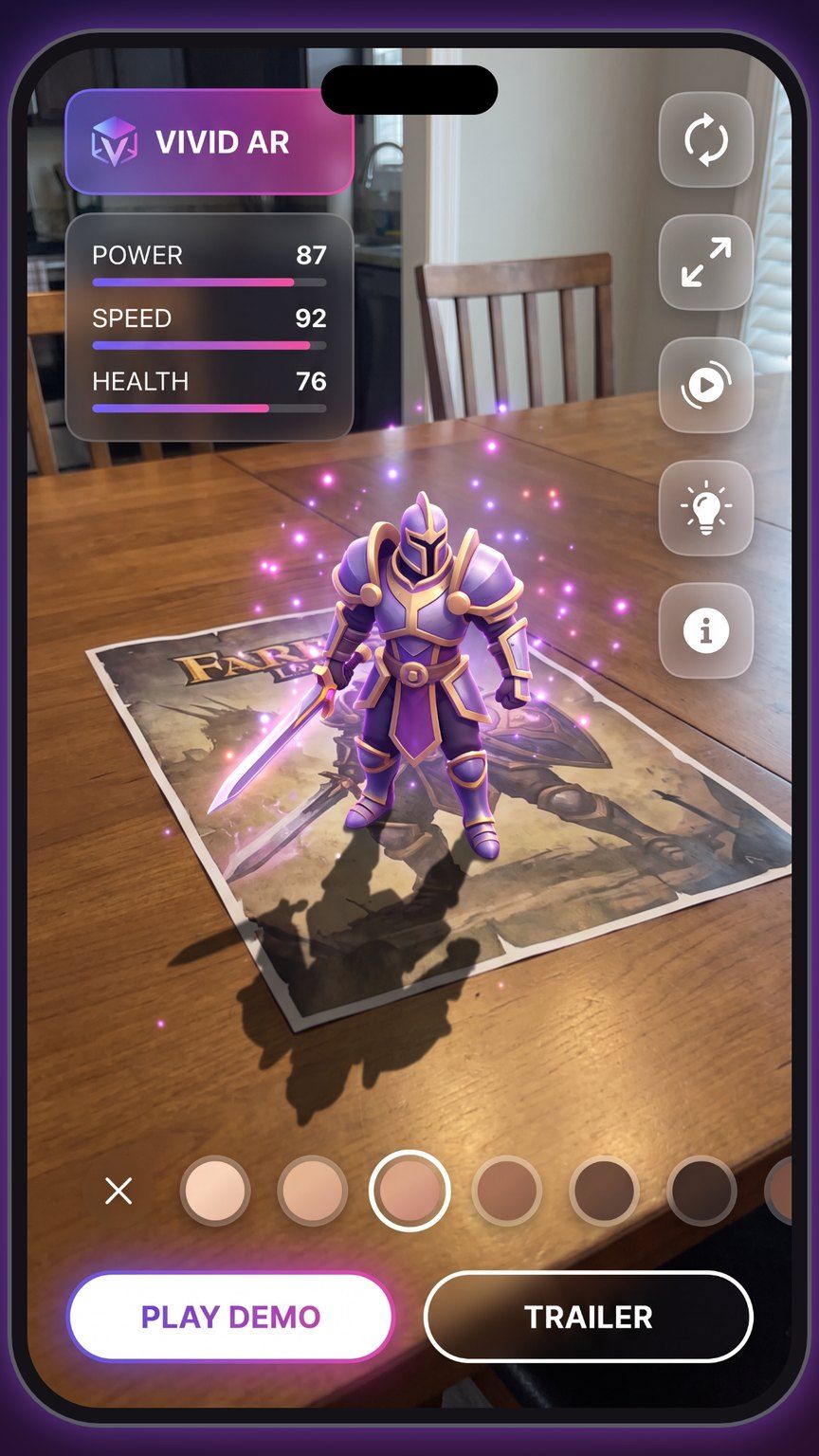 A 3D game character with stats standing on a table