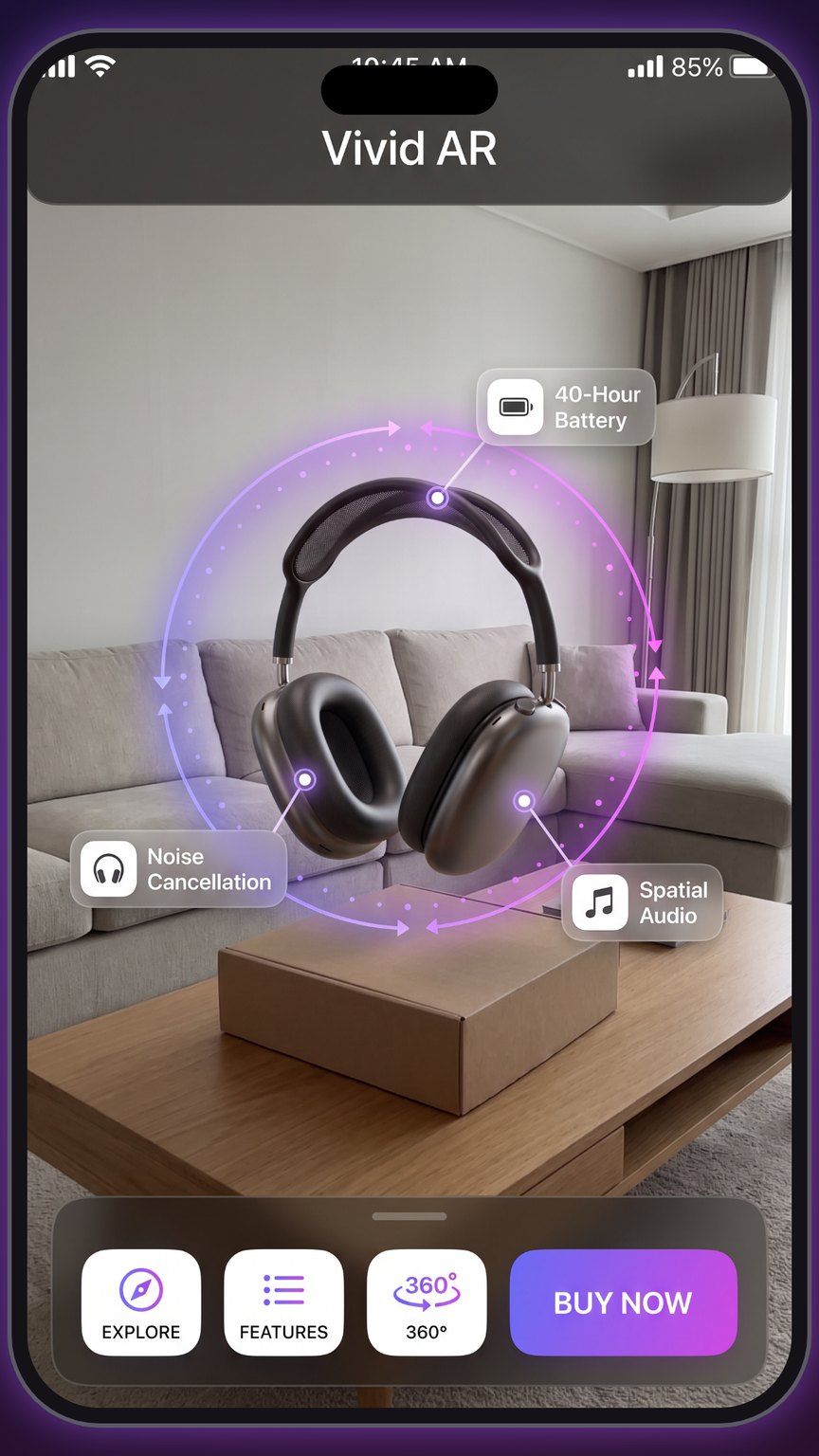 Headphones from a product box with feature hotspots