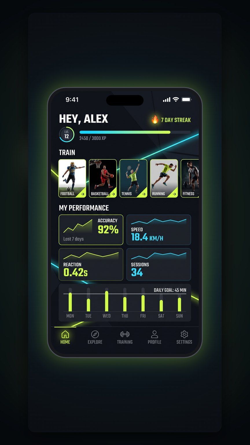 AR Sports Coach home screen with performance stats