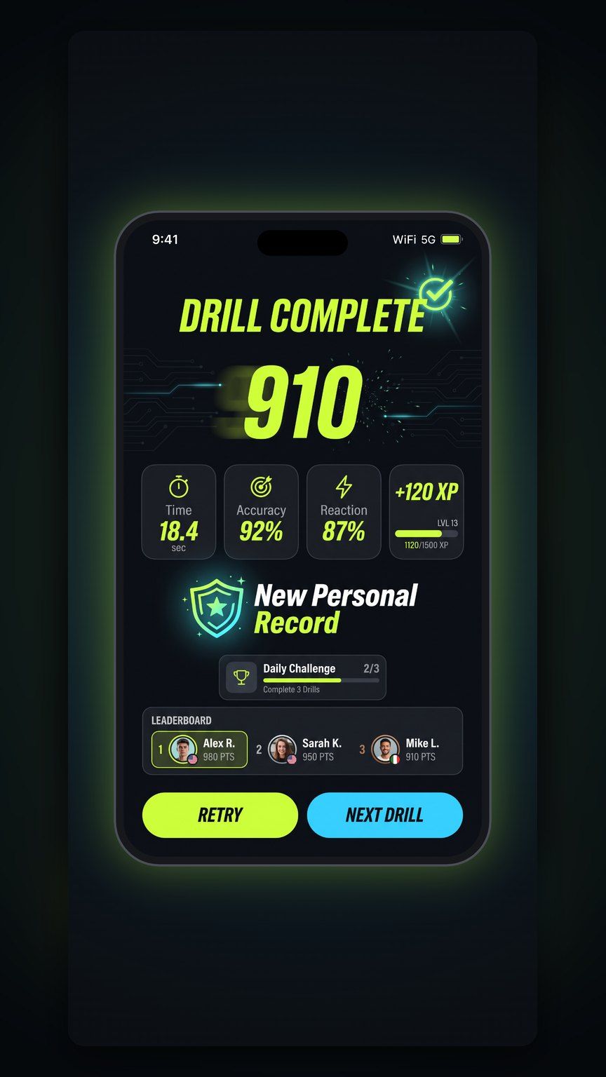 Drill complete screen with score and accuracy