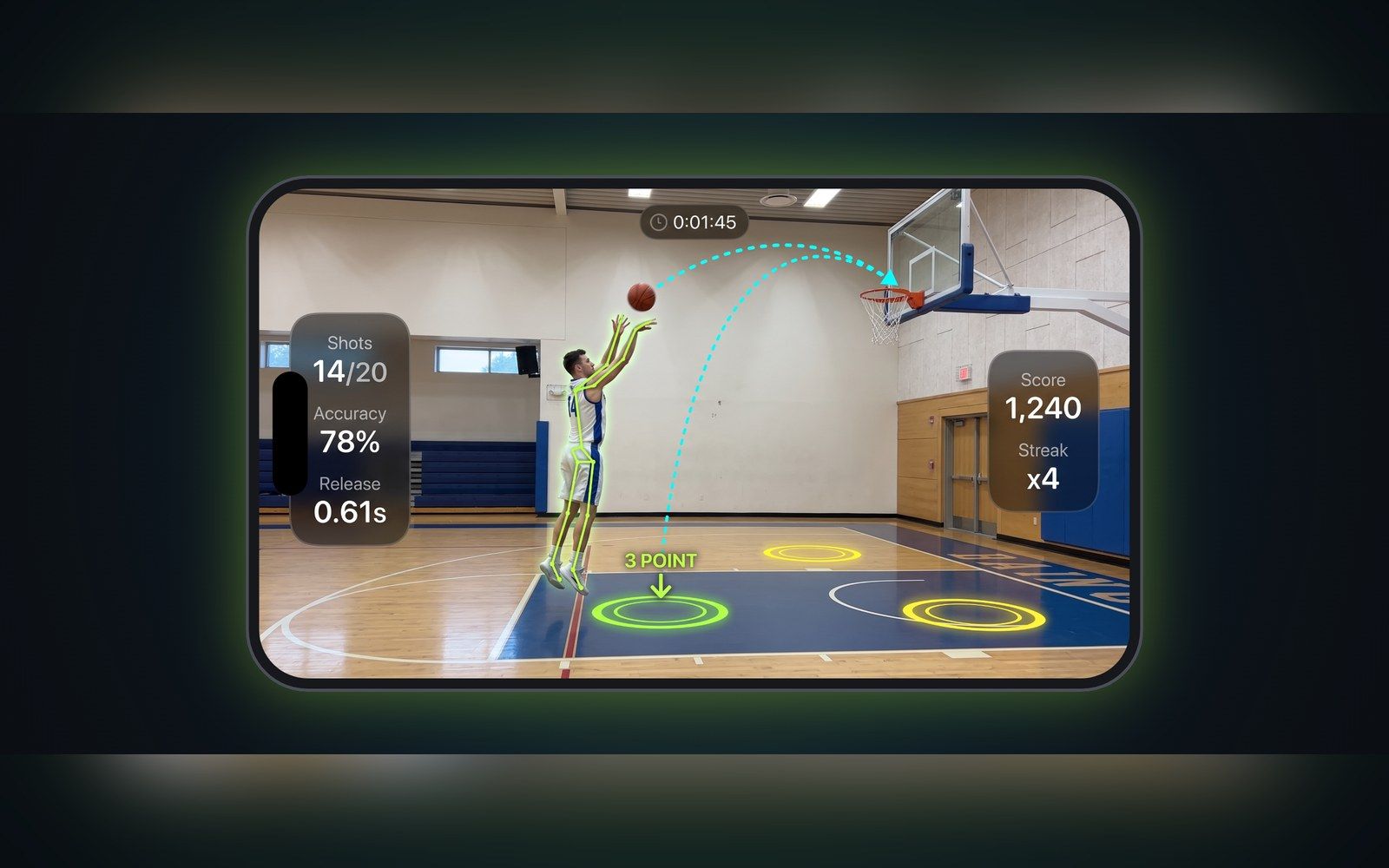 AR Sports Coach app showing a football drill with virtual cones