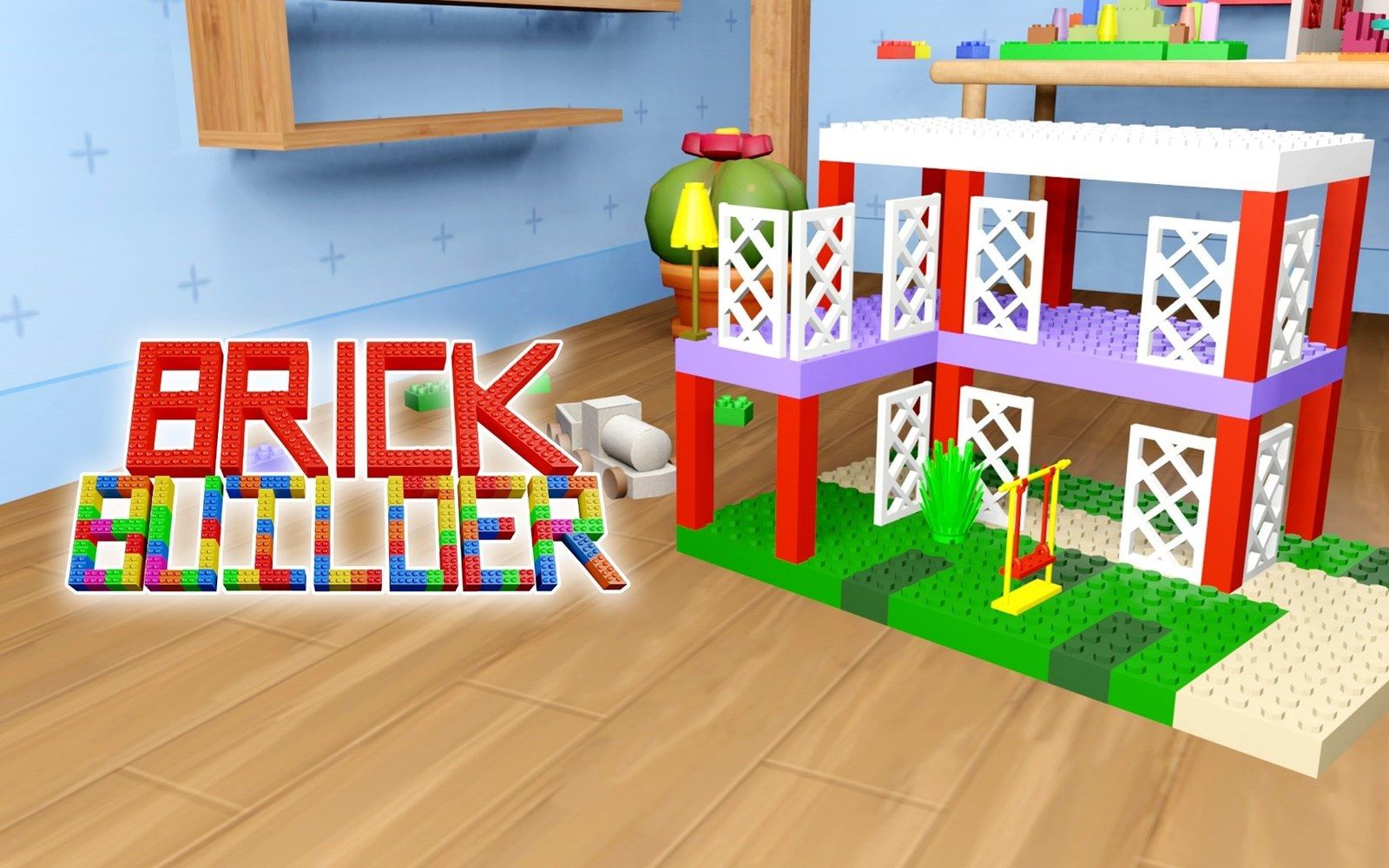 Brick Builder key art — a colourful toy-brick house and truck on a wooden table