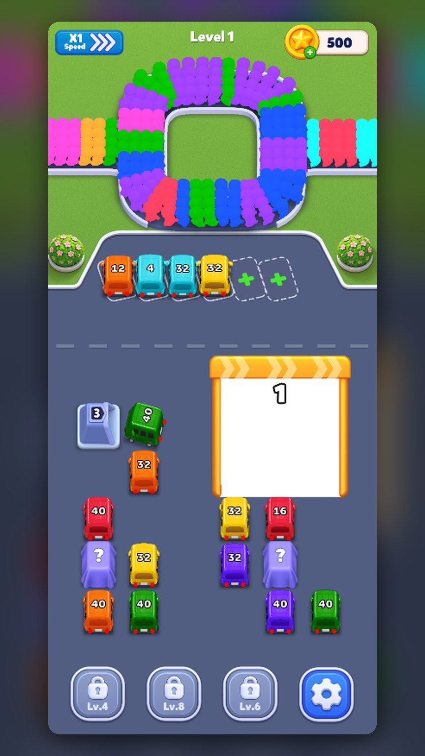 Bus Jam colour-sorting gameplay