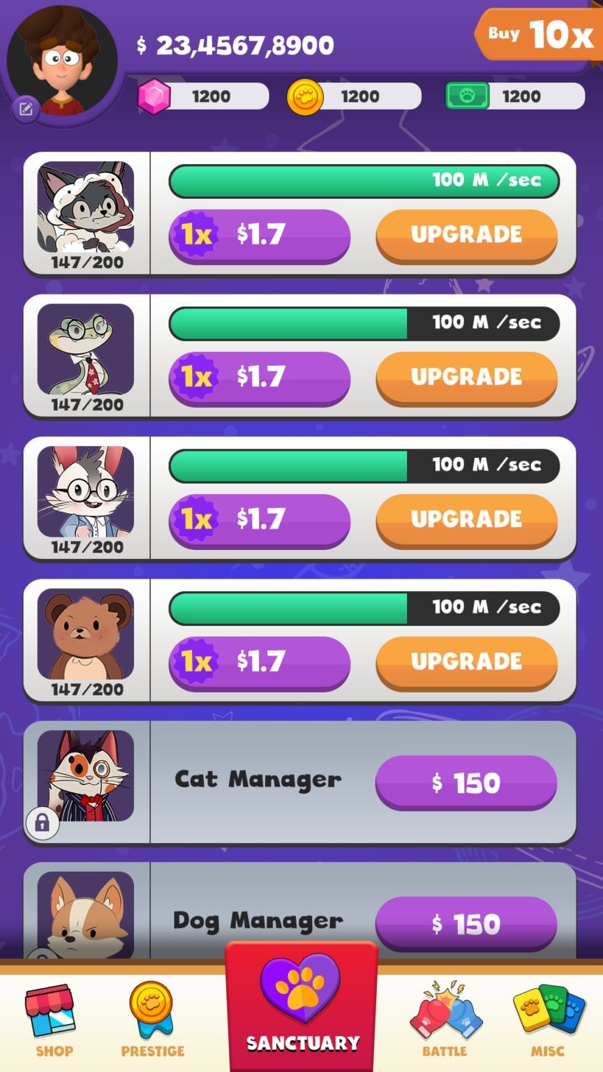 Galactic Acres sanctuary screen with creature upgrades