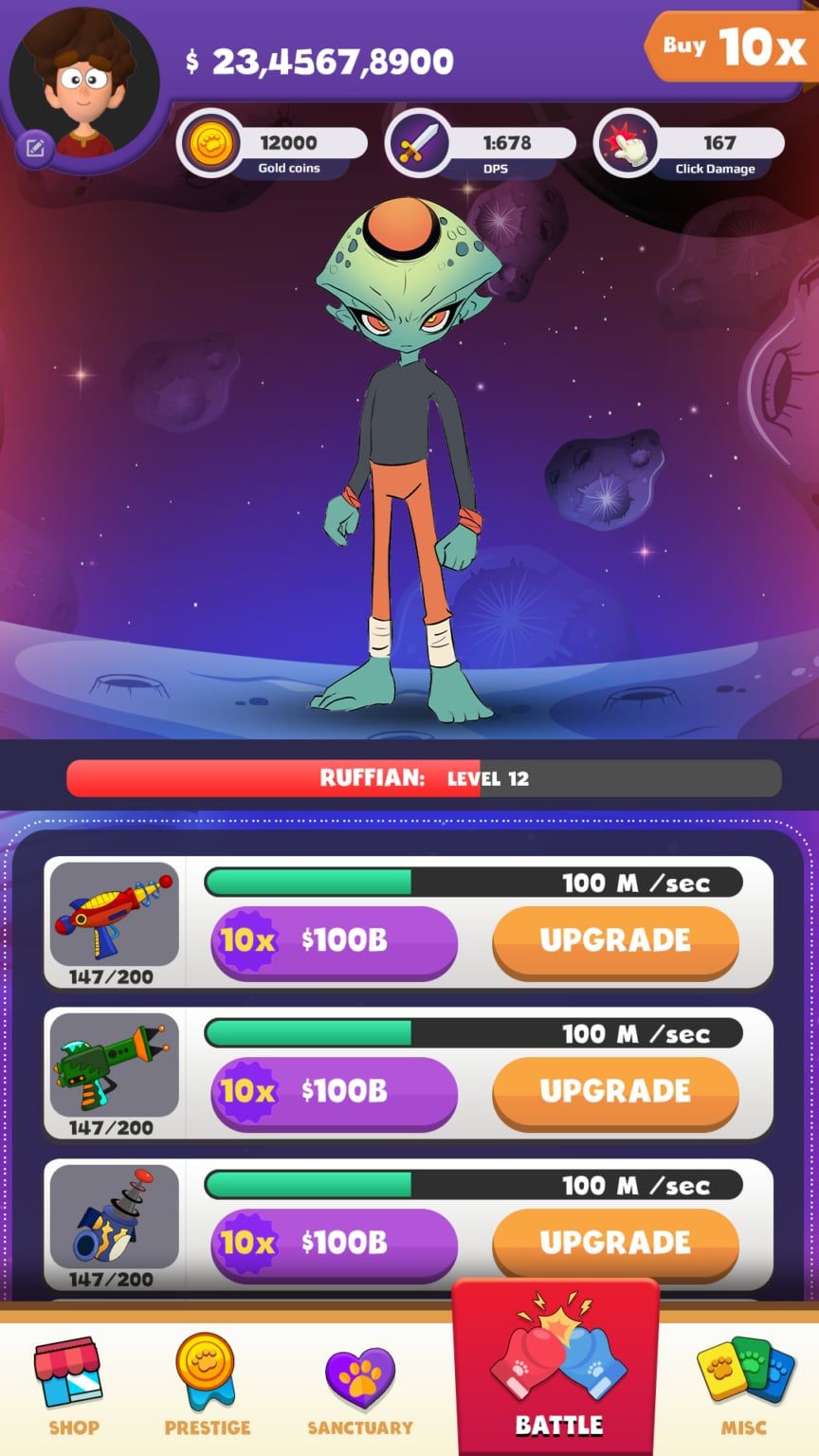 Galactic Acres battle screen with an alien fighter