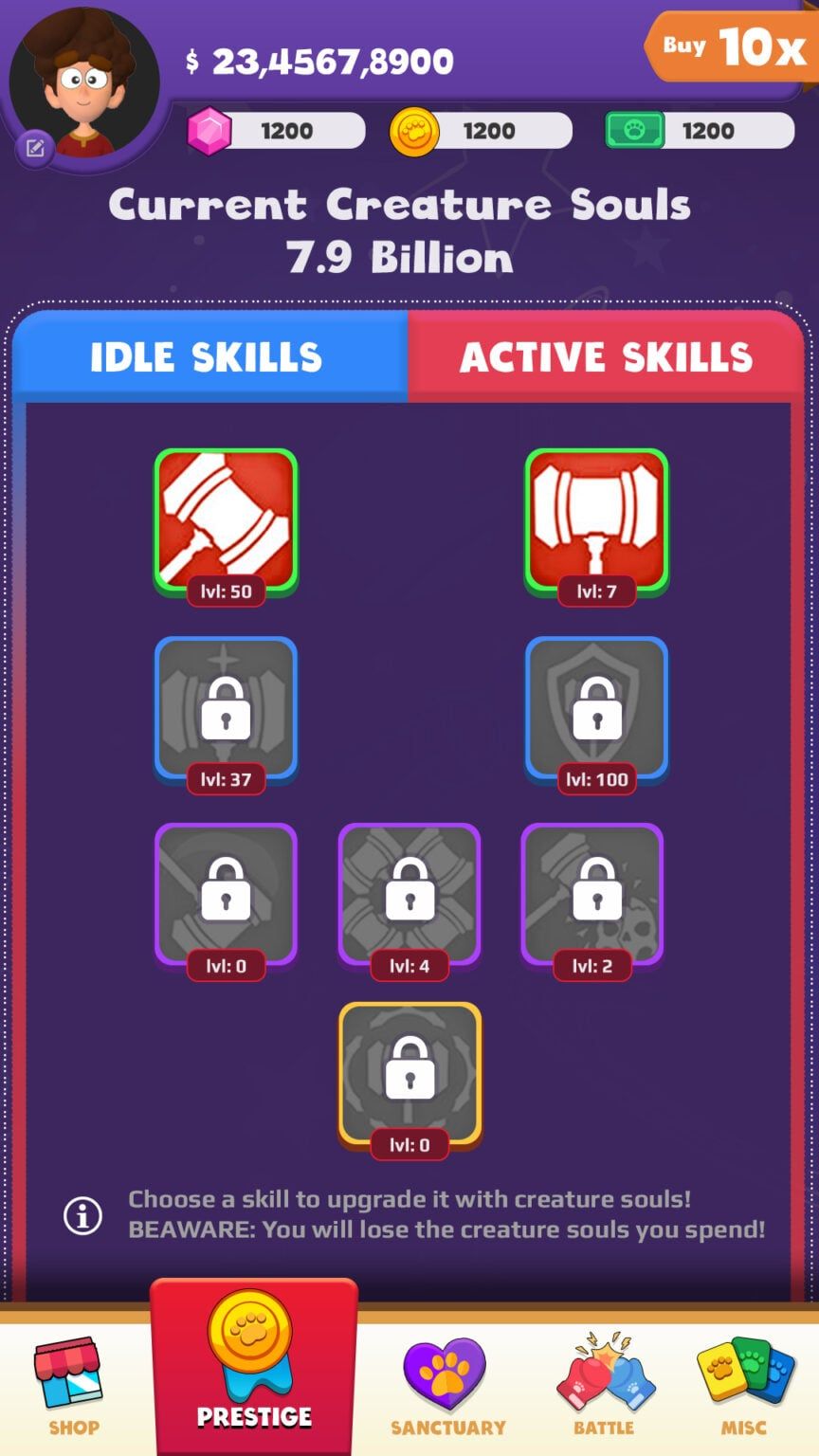 Galactic Acres prestige skills screen