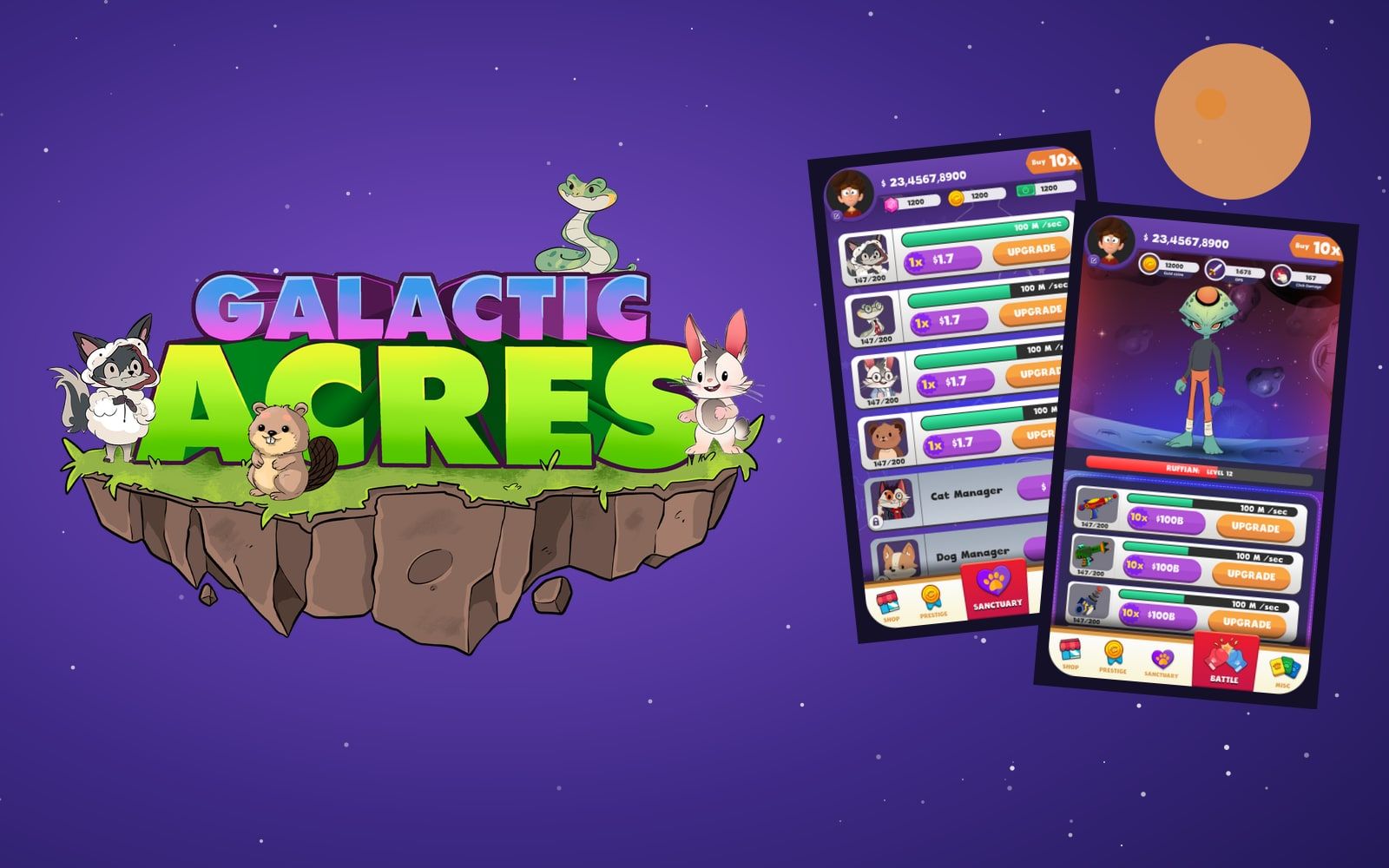 Galactic Acres logo with cute creatures on a floating island, next to two in-game phone screens