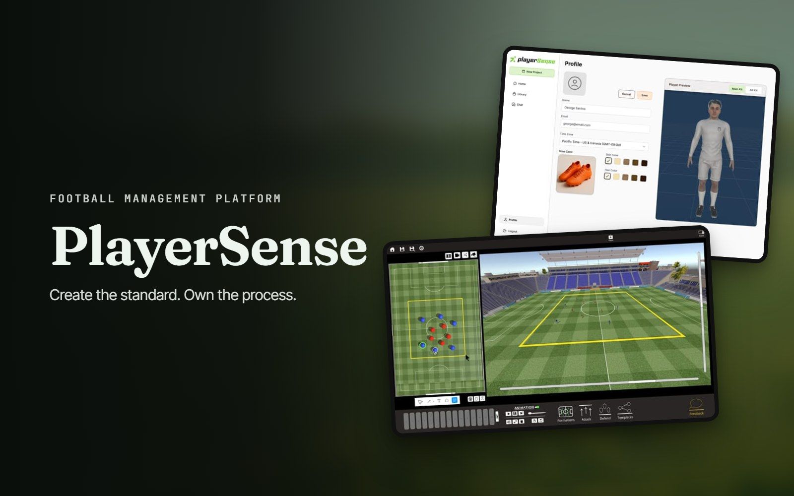 PlayerSense football management platform with a 3D pitch