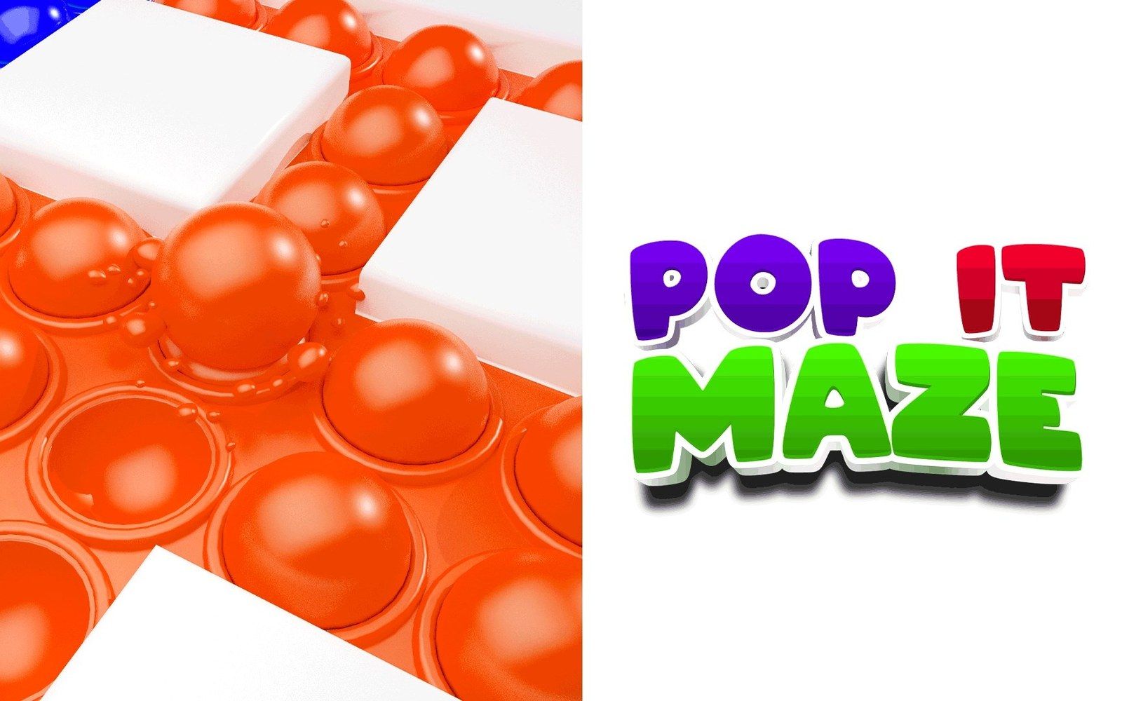 Pop It Maze key art — glossy orange pop-it bubbles next to the colourful game logo