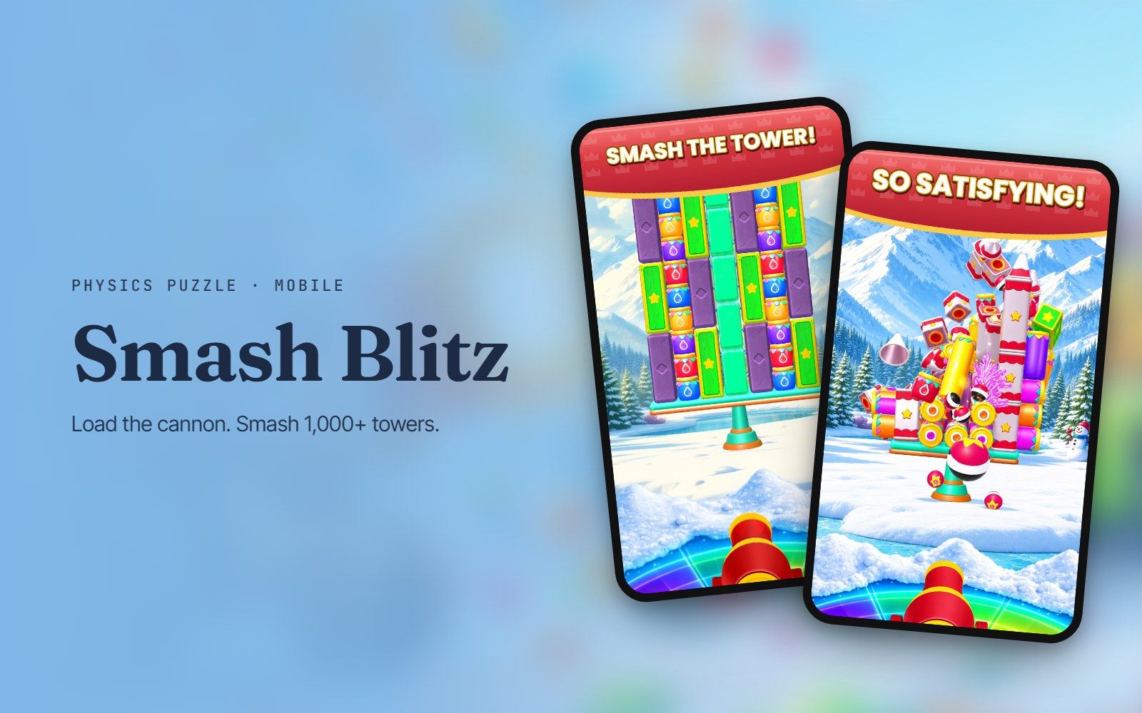 Smash Blitz cannon firing at a tower of colourful blocks