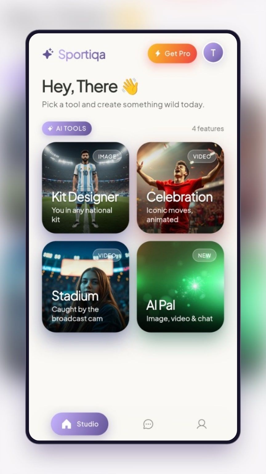 Sportiqa studio home with AI Kit Designer, Celebration, Stadium and AI Pal