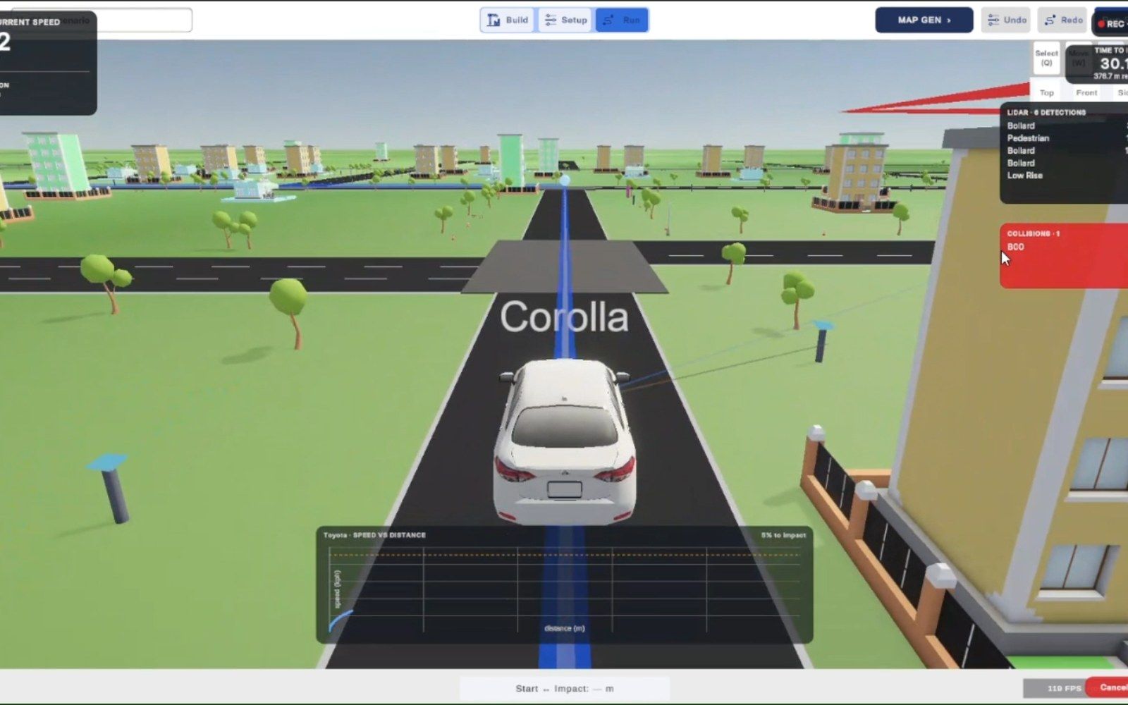 VDA simulation showing a vehicle approach route through a 3D city block