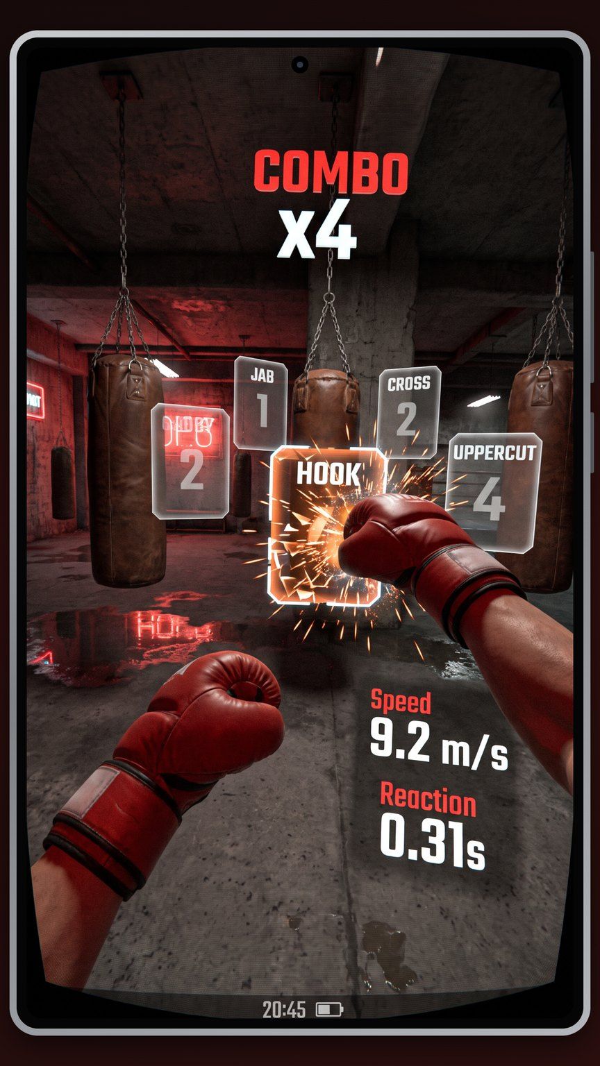 Four-hit punch combo with speed readout