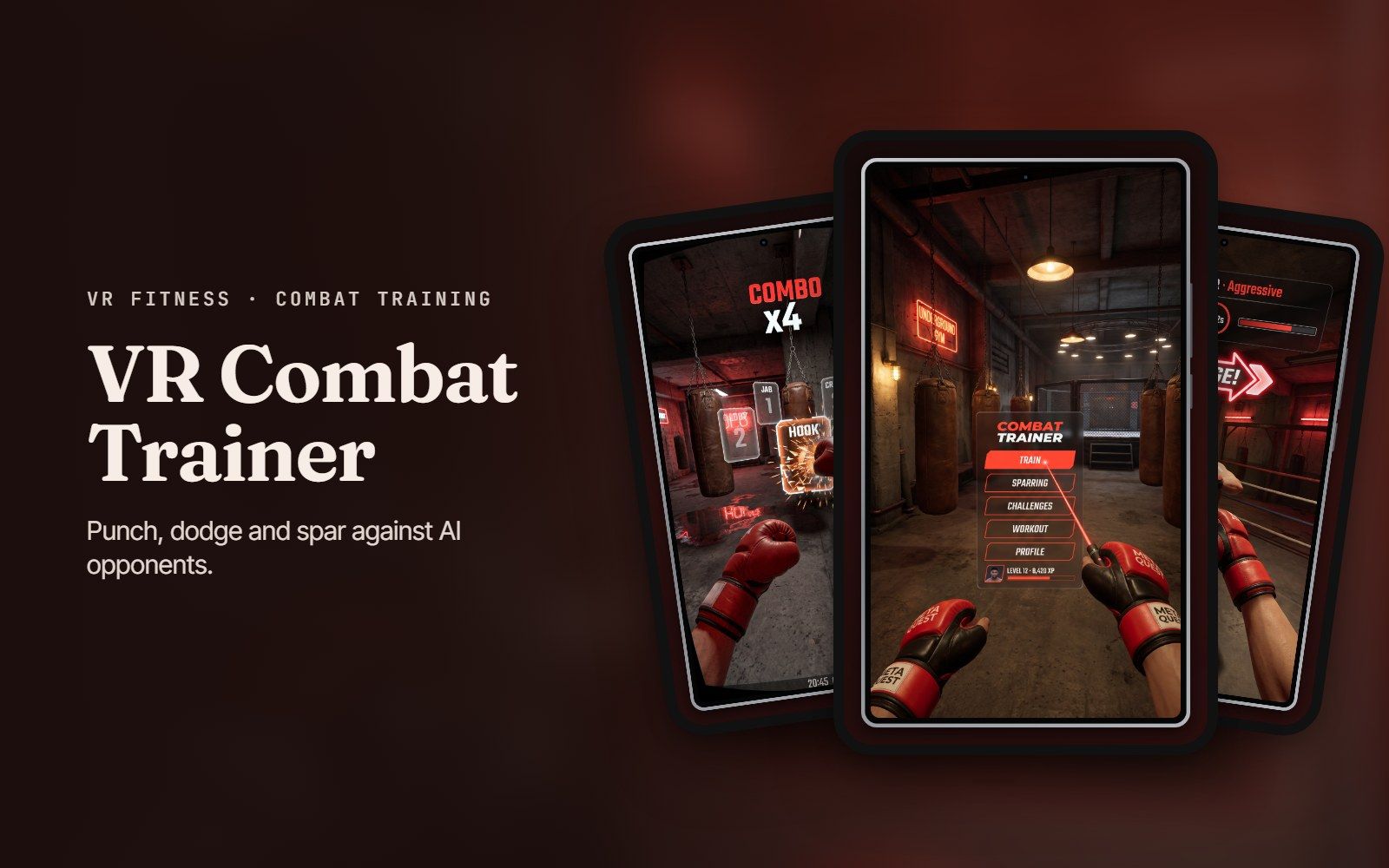 VR Combat Trainer gym with boxing gloves and a heavy bag