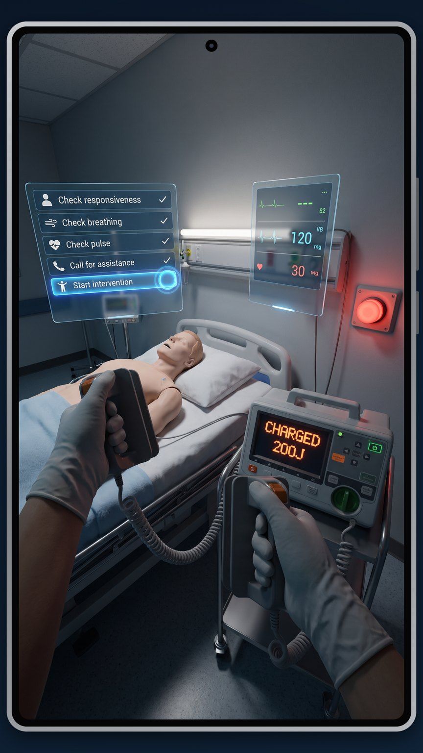 Using the defibrillator on the patient in VR