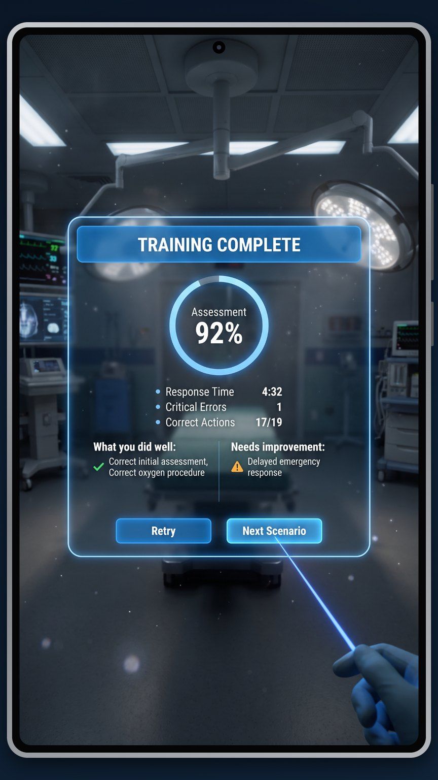 Training complete debrief with assessment score