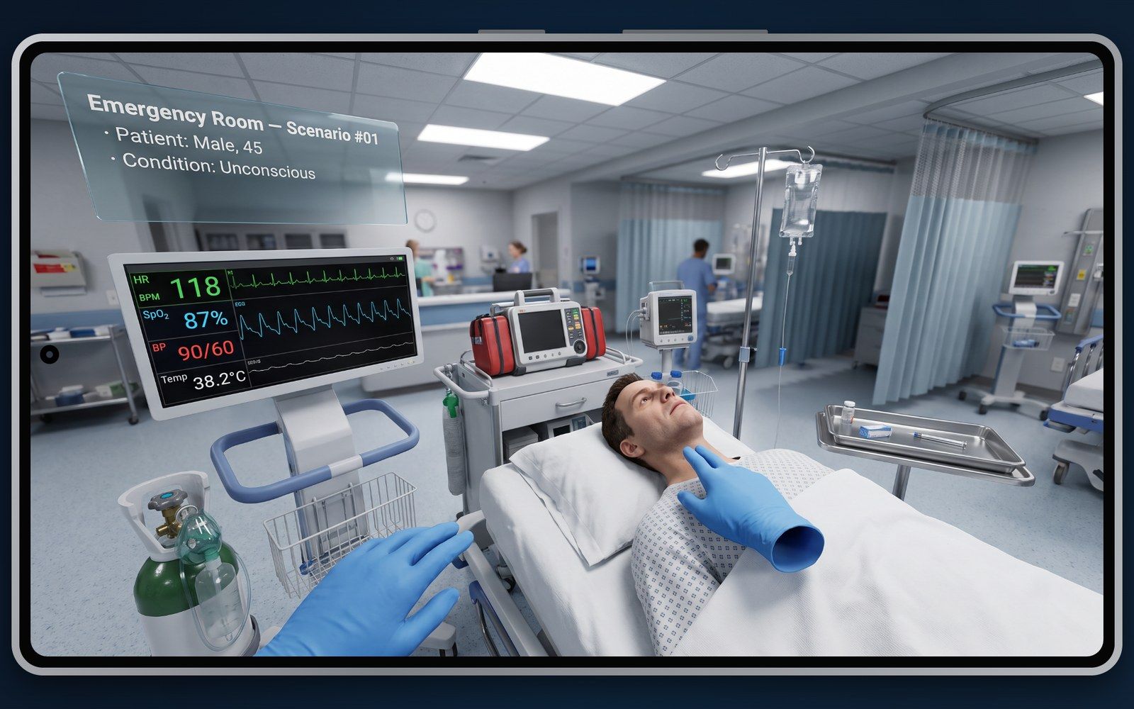 VR emergency room with a patient on a bed and a vitals monitor