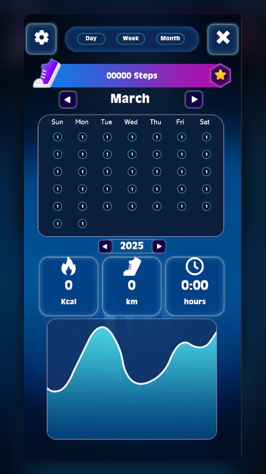 Walking Heroes step calendar and activity graph